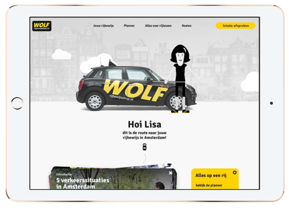 Screenshot of a website homepage for WOLF rijbewijs, a driving license service in Amsterdam. It features a black car with yellow WOLF branding, a cartoon character beside it, a city skyline in the background, and navigation options at the top.