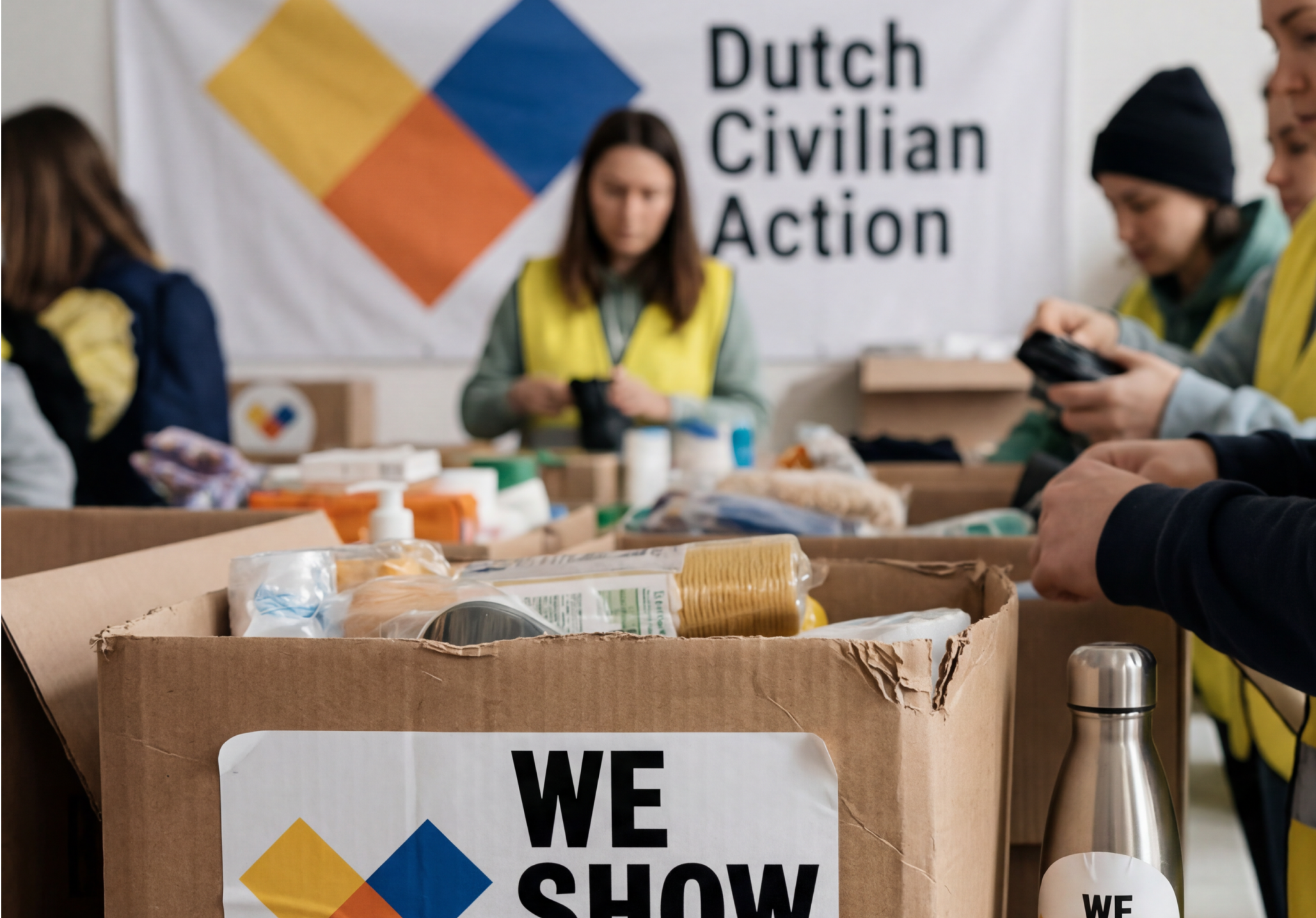 Group of volunteers packing supplies at a charity event for Dutch Civilian Action with a banner that reads the organization's name in the background.