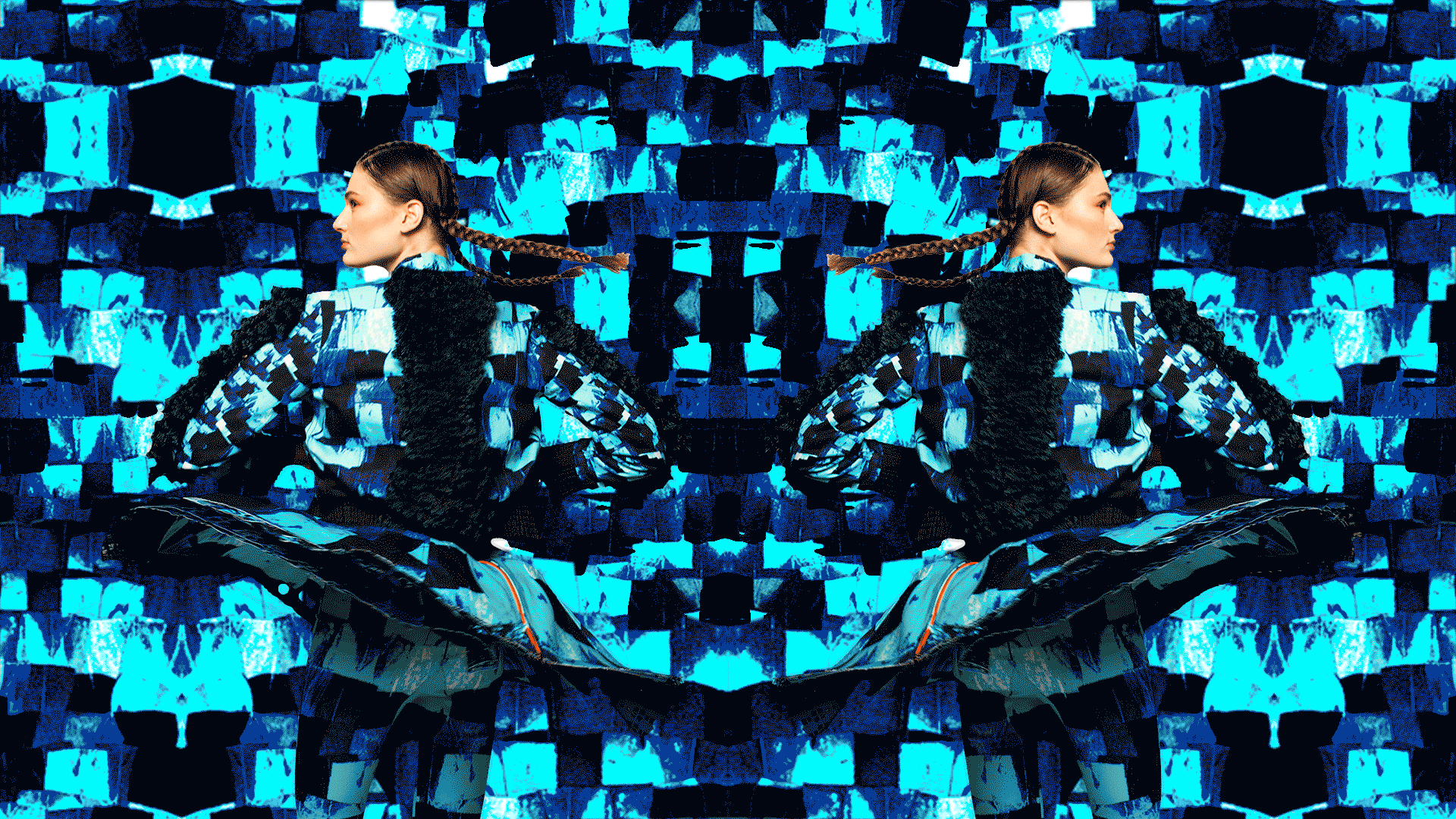 A digitally manipulated image of a young woman in a futuristic outfit, sitting sideways against a blue abstract digital backdrop. She has braided hair and is dressed in black and patterned clothing, with symmetrical mirrored effects creating a surrea