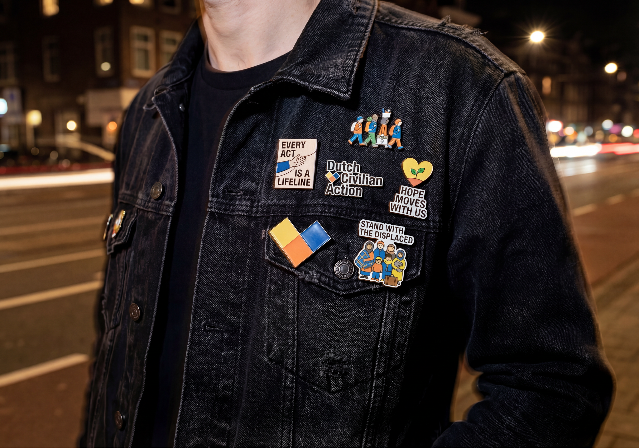 A person wearing a black denim jacket adorned with various pins and patches, including messages supporting civil action, displaced people, and environmental hope, standing on a city street at night.