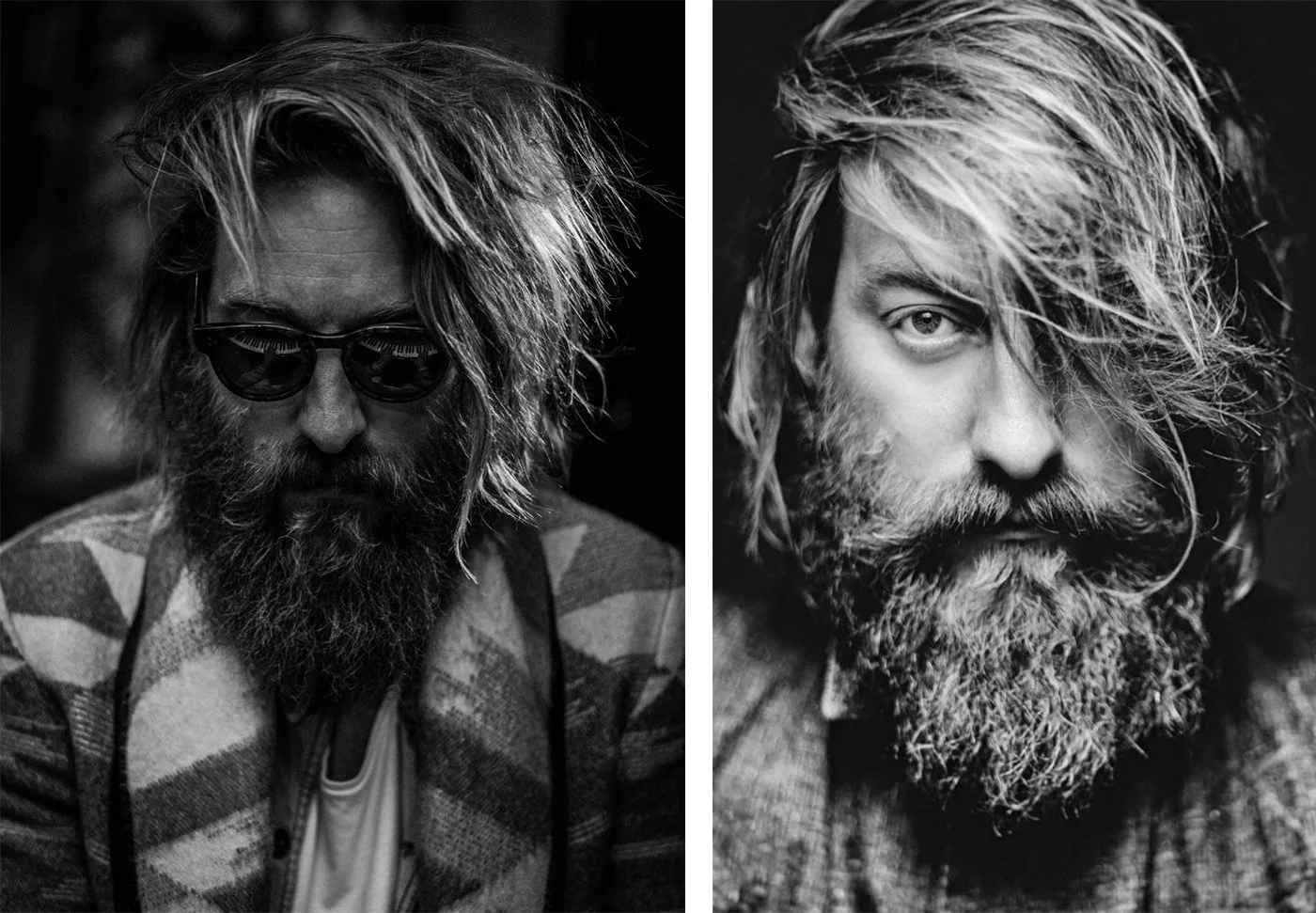 Two black-and-white portraits of bearded men with long hair. The man on the left wears sunglasses, a patterned shirt, and looks downward. The man on the right has tousled hair, a serious expression, and looks directly at the camera.