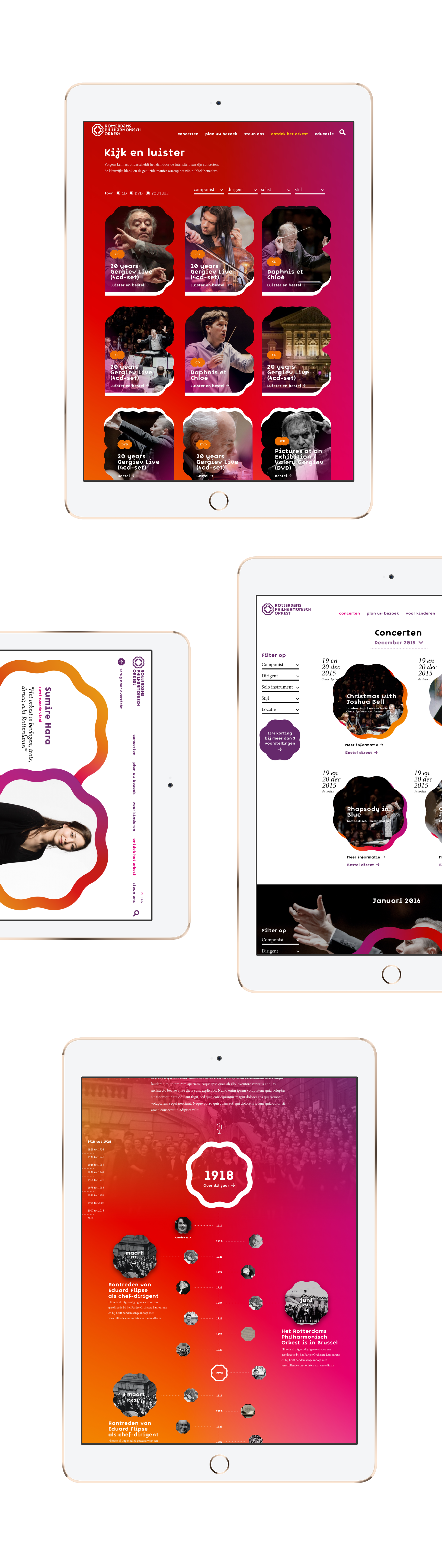 A digital display showing various sections of a performing arts organization, including concert schedules, artist profiles, and historical timelines, on multiple tablet screens.