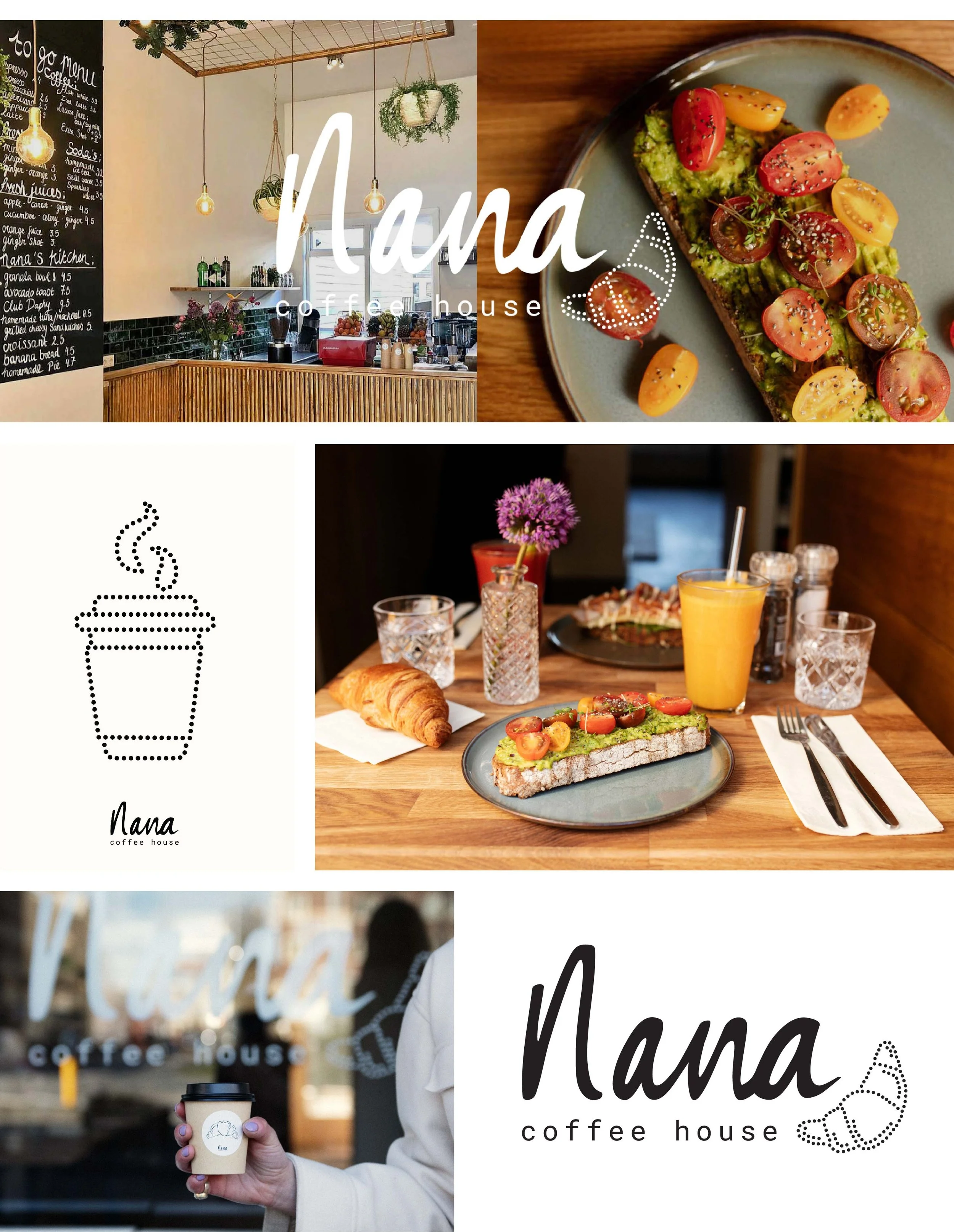 Collage of images from Nana coffee house, featuring an interior shot of the coffee shop, a plate of avocado toast with cherry tomatoes, a woman holding a cup of coffee outside, and the cafe's logo with a coffee cup and croissant icons.