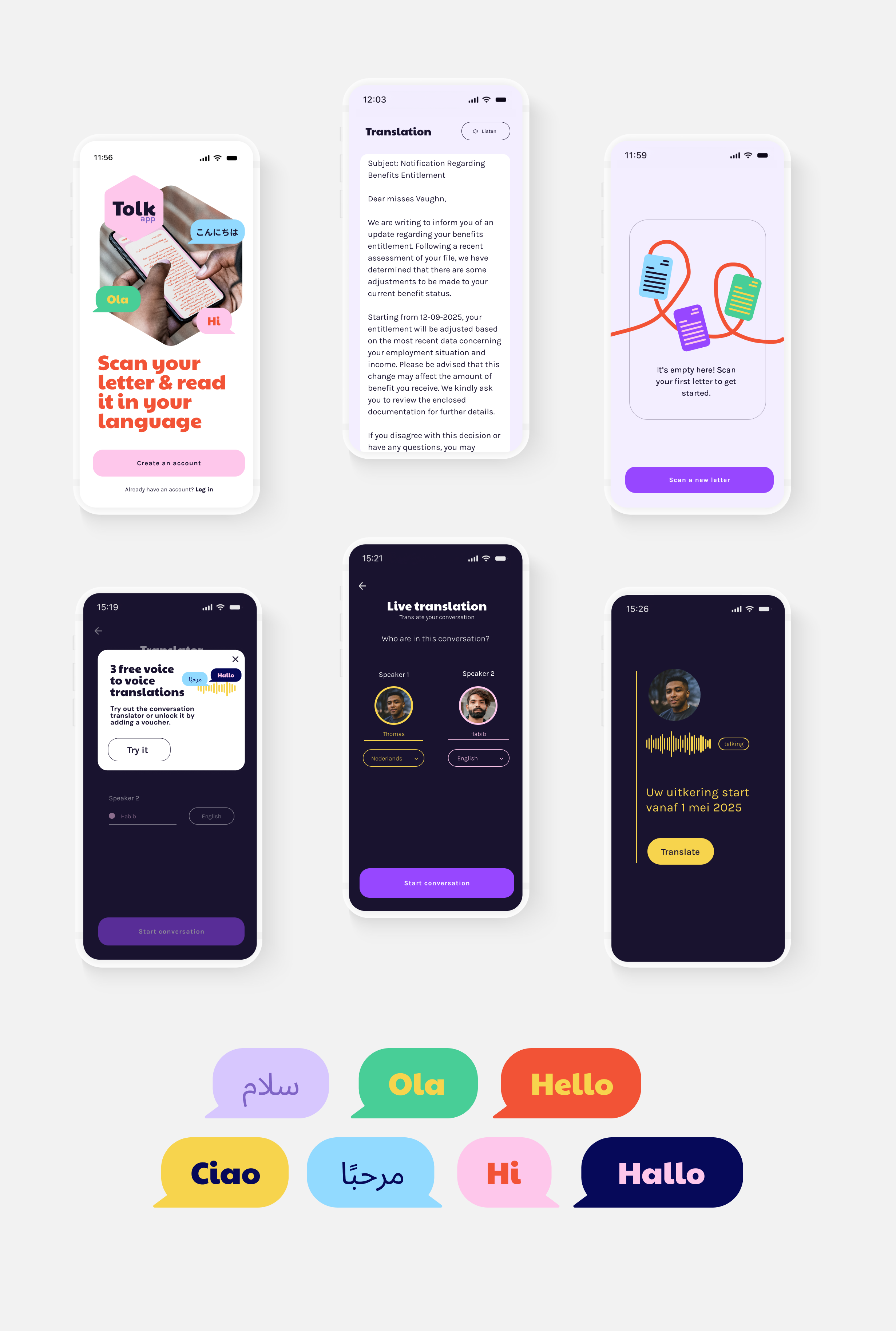 Collection of mobile app screens demonstrating language translation and speech recognition features, with colorful speech bubbles showing greetings in different languages such as Hello, Hi, Ciao, Ola, مرحبا, سلام, and Hallo.
