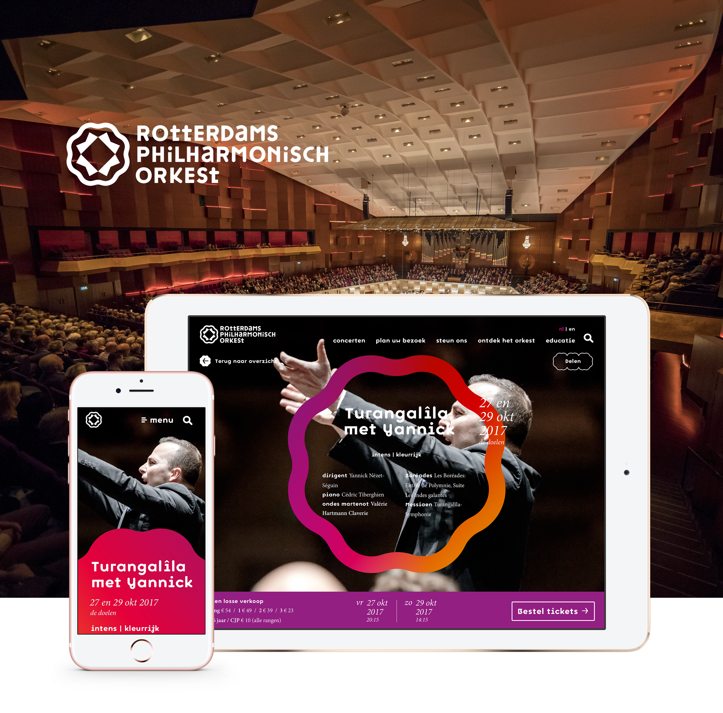 Digital screens displaying promotional information for a concert by the Rotterdam Philharmonic Orchestra, with an auditorium filled with audience members in the background.