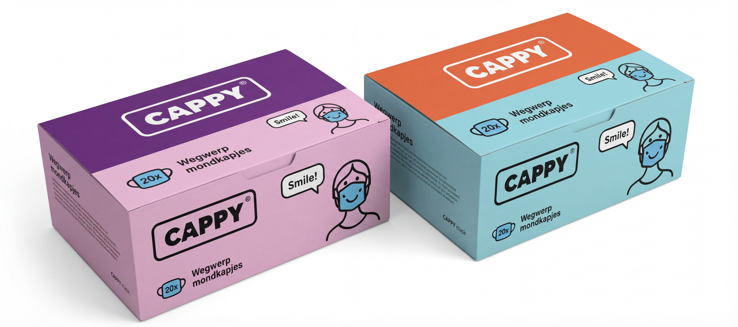 Two boxes of CAPPY disposable face masks, one pink and one blue, with cartoon illustrations of people wearing masks and speech bubbles saying "Smile!" and "Smie!".
