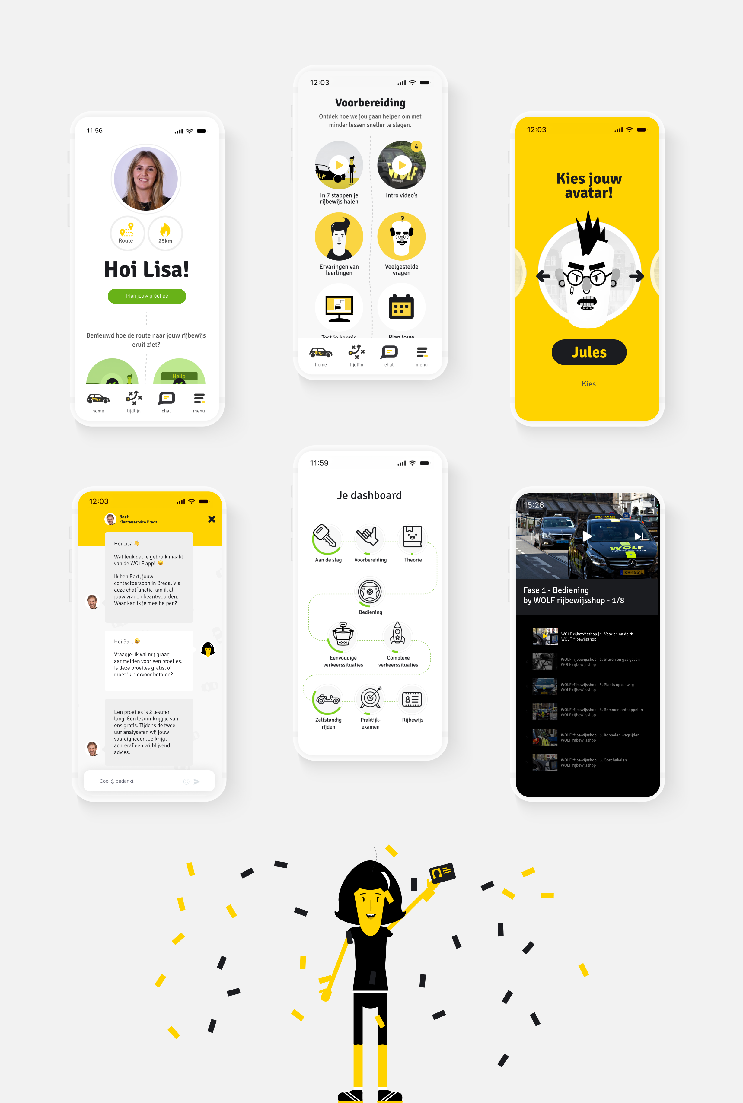Collection of mobile app screens related to driving, learning, and user profiles, with an illustrated character at the bottom celebrating.