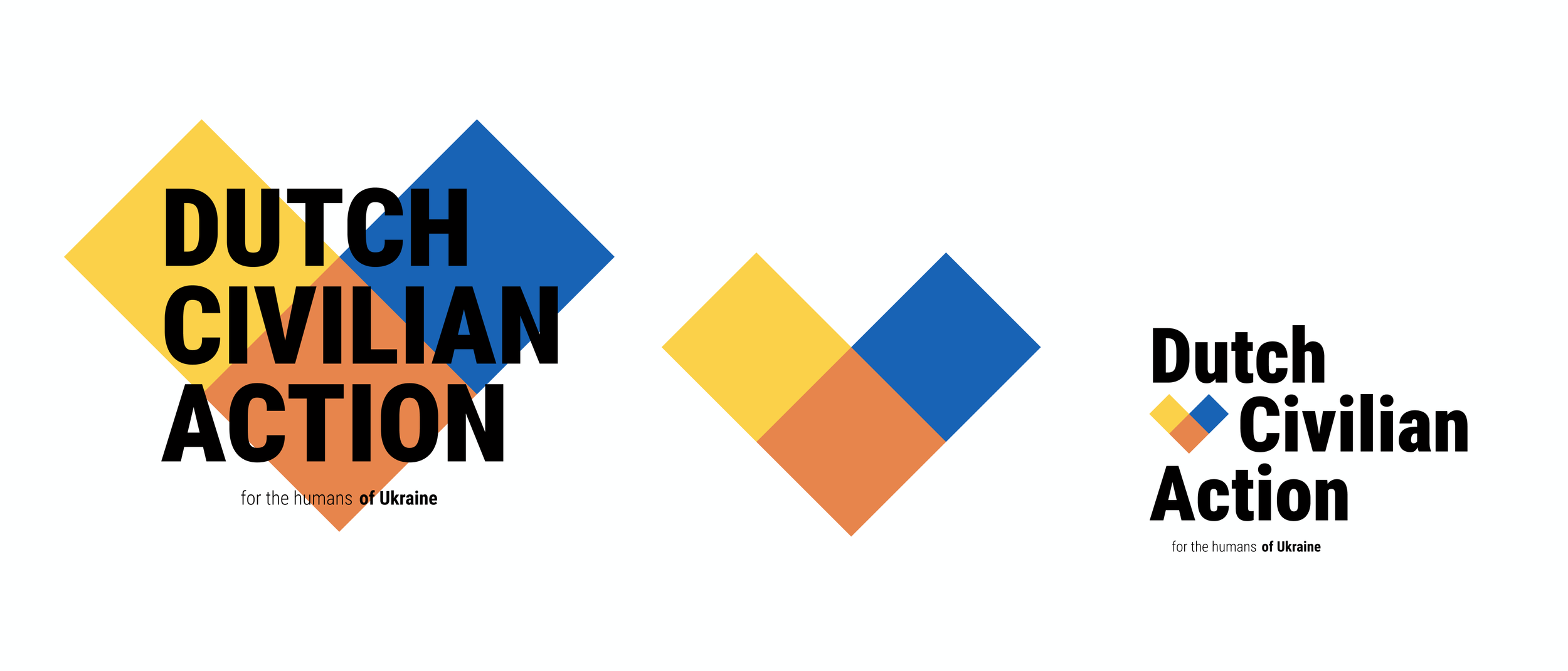 Colorful geometric shapes with bold black text that reads 'Dutch Civilian Action' and smaller text 'for the humans of Ukraine.'
