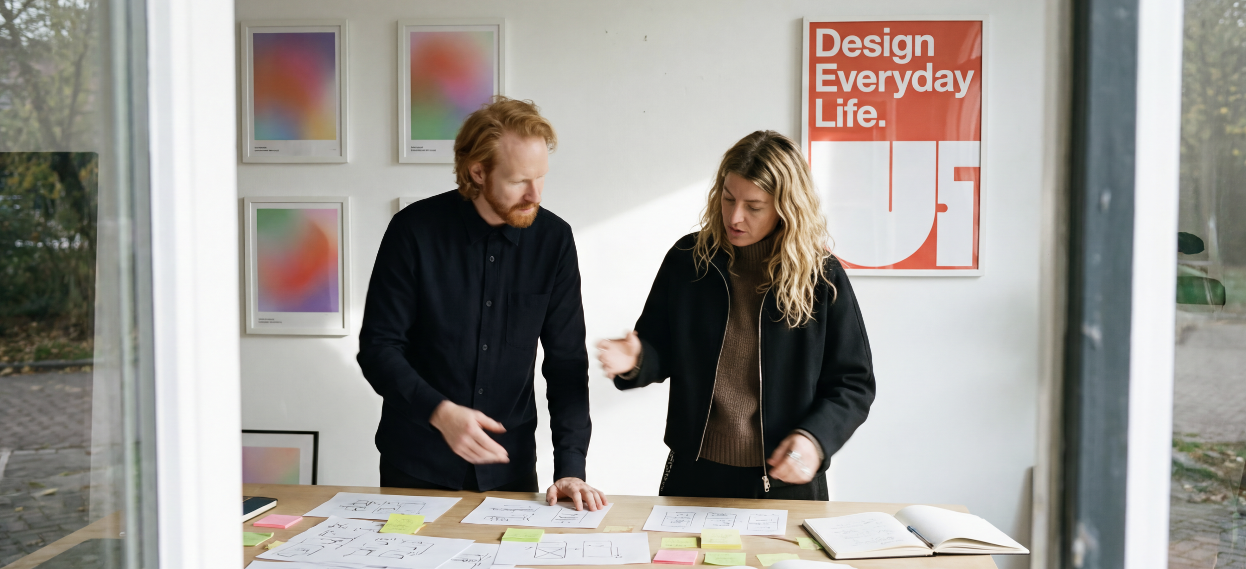 Two people collaborating at a desk with sketches and sticky notes in an art gallery or studio. There are framed colorful abstract artworks on the wall and a poster that reads 'Design Everyday Life'.