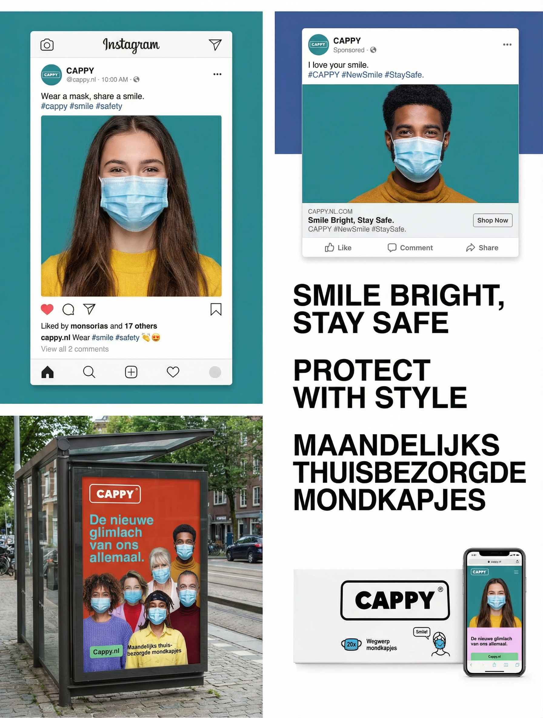 A collage of advertisements promoting wearing masks. The top left shows a woman with long hair wearing a blue mask in an Instagram post. The top right features a man with curly hair in a yellow shirt wearing a blue mask in a social media post. The bottom left displays an outdoor bus stop with an advertisement of diverse people wearing masks, with Dutch text. The bottom right shows a smartphone with a mask promotional app and a box with the CAPPY logo, mask packaging, and Dutch text.
