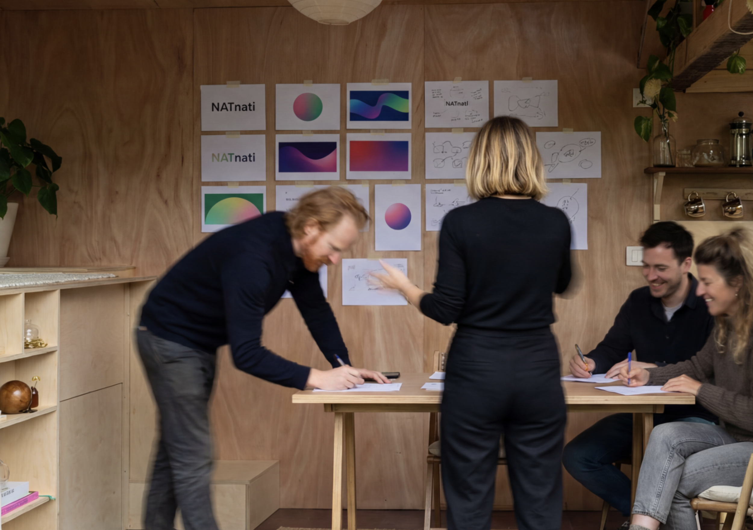 Four people in a meeting room with wooden walls, two women and two men. One man is leaning over the table writing, a woman is standing with her back to the camera, and the other two people are seated, smiling and taking notes. The wall behind them has various color charts, sketches, and notes taped to it.