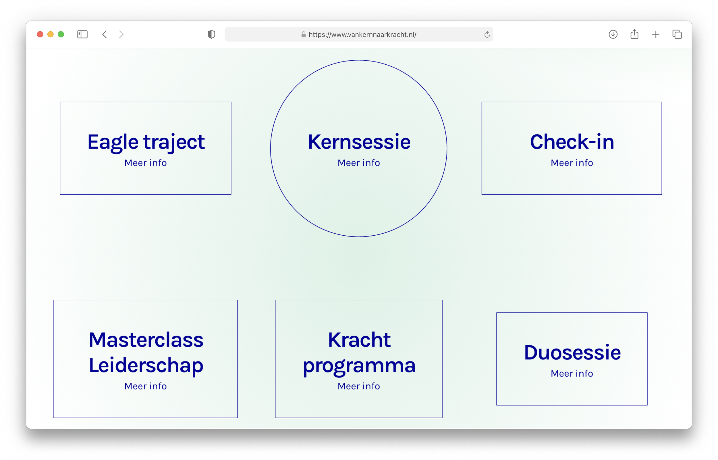 Web page showing a course schedule with six sections in a grid layout: 'Eagle traject,' 'Kernsessie,' 'Check-in,' 'Masterclass Leiderschap,' 'Kracht programma,' and 'Duossie,' each with 'Meer info' links.