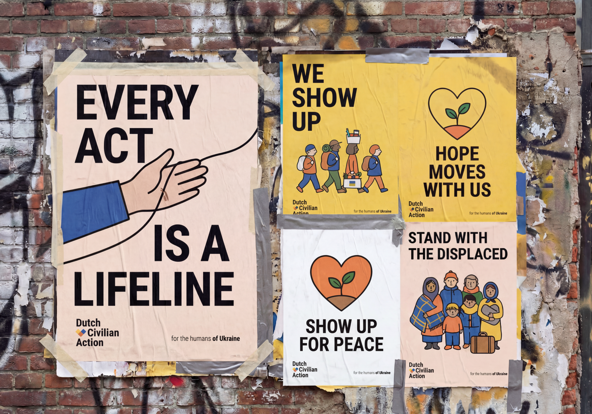 A collage of four posters on a brick wall advocating for support and action for Ukraine. The posters feature simple illustrations and text, with messages such as "Every act is a lifeline," "We show up," "Hope moves with us," "Show up for peace," and "Stand with the displaced." The posters are printed in bold and bright colors, including pink, yellow, white, and peach, with small logos of Dutch Civilian Action.