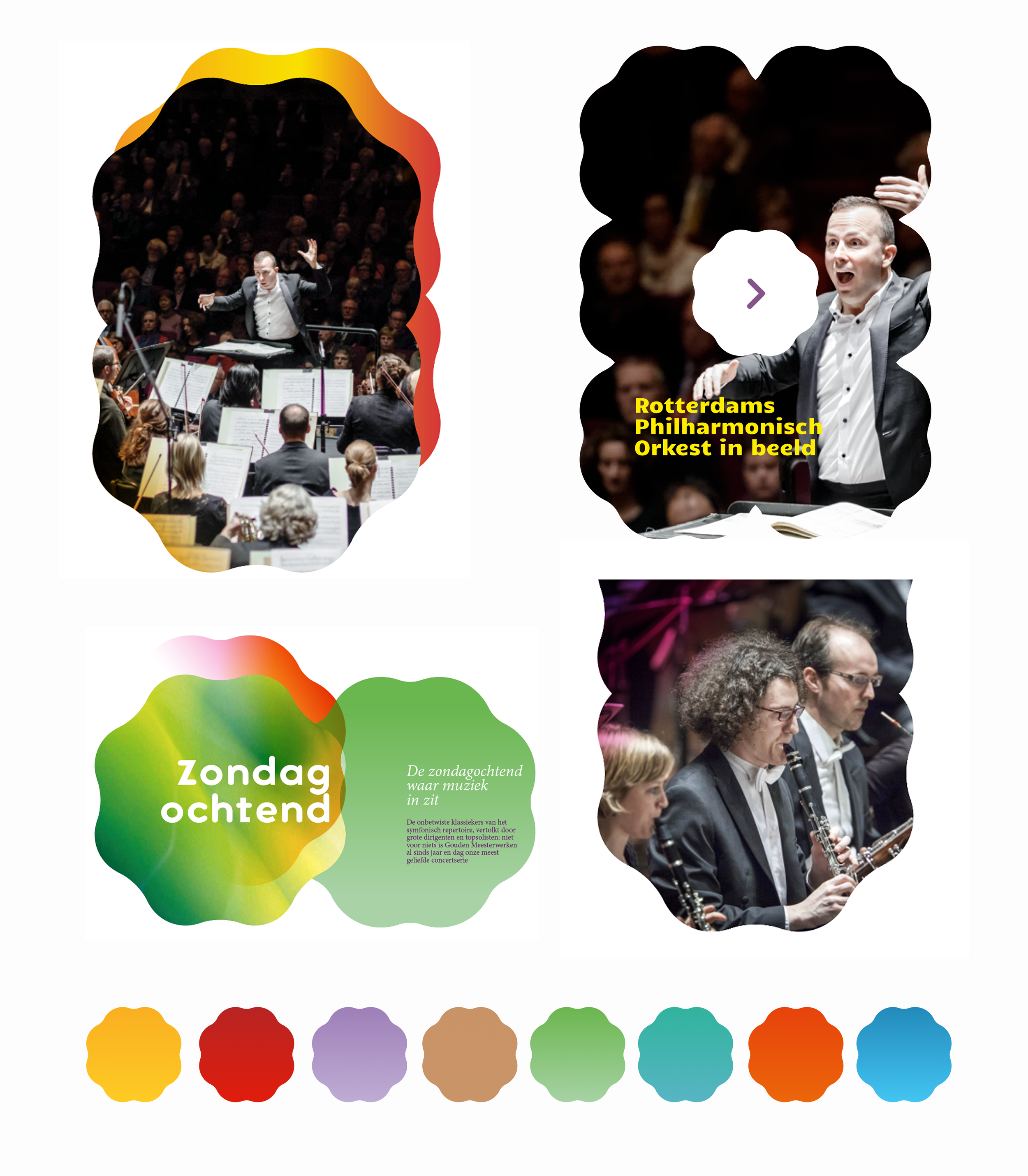 Collage of four images related to a classical music concert with professional orchestras, conducting and musicians, along with colorful design elements and Dutch text about a Sunday morning concert.