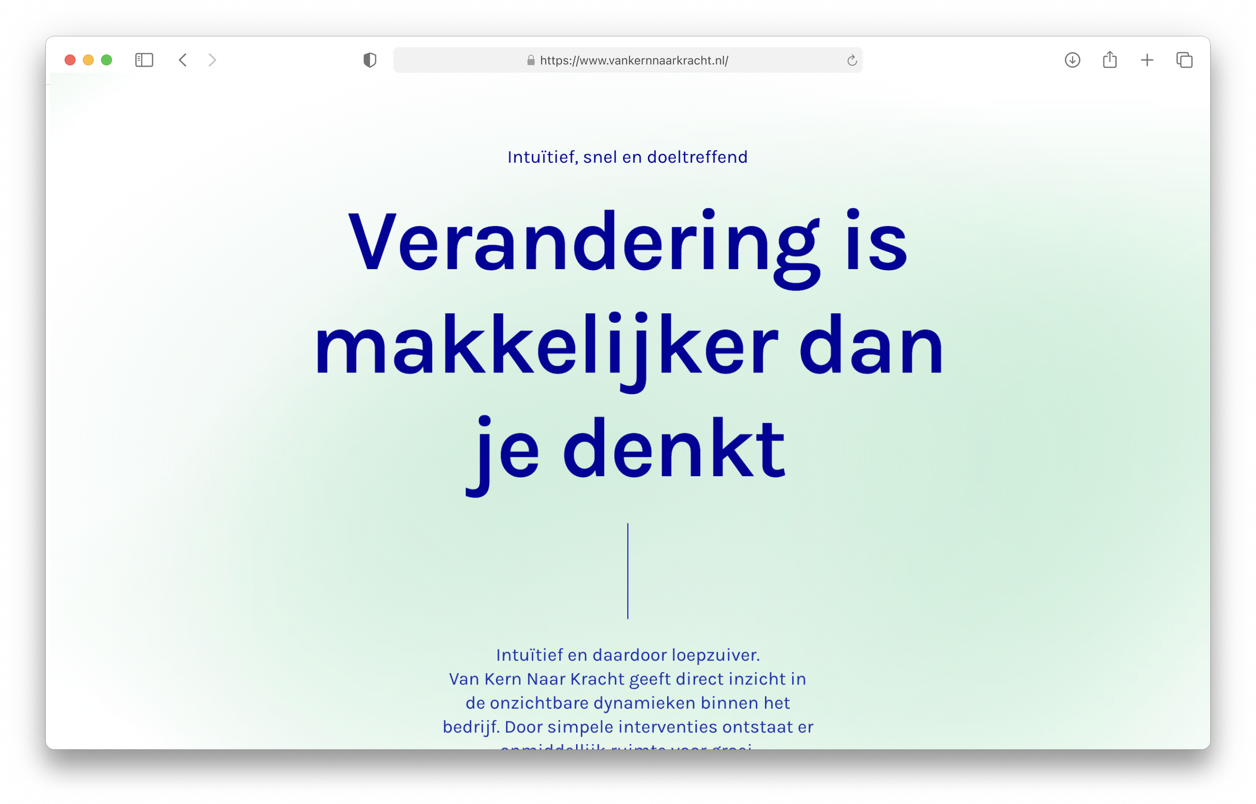Screenshot of a Dutch website with a large headline that reads "Verandering is makkelijker dan je denkt" and supporting text below, discussing insights and interventions within a company.