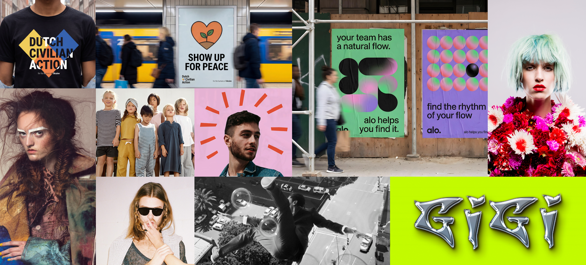 A collage of various urban and creative scenes including street art posters, fashion photos, a man with a painted face, children, and a cityscape with a person swinging from a building, with graffiti-style text saying 'GIGI' in bright colors.