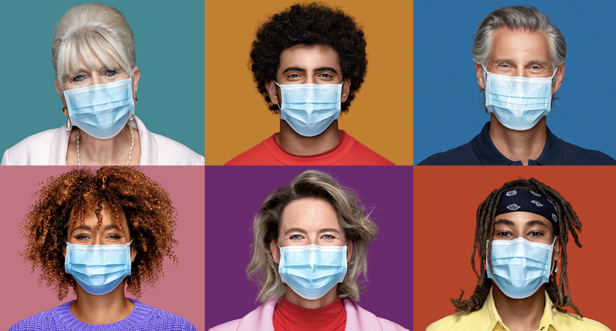 Six diverse people wearing medical face masks, arranged in a grid with colorful backgrounds.