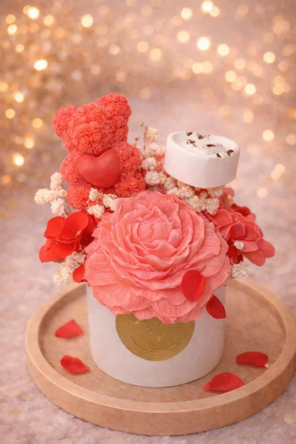 Bouquet de fleurs de cire et son pot en gypse