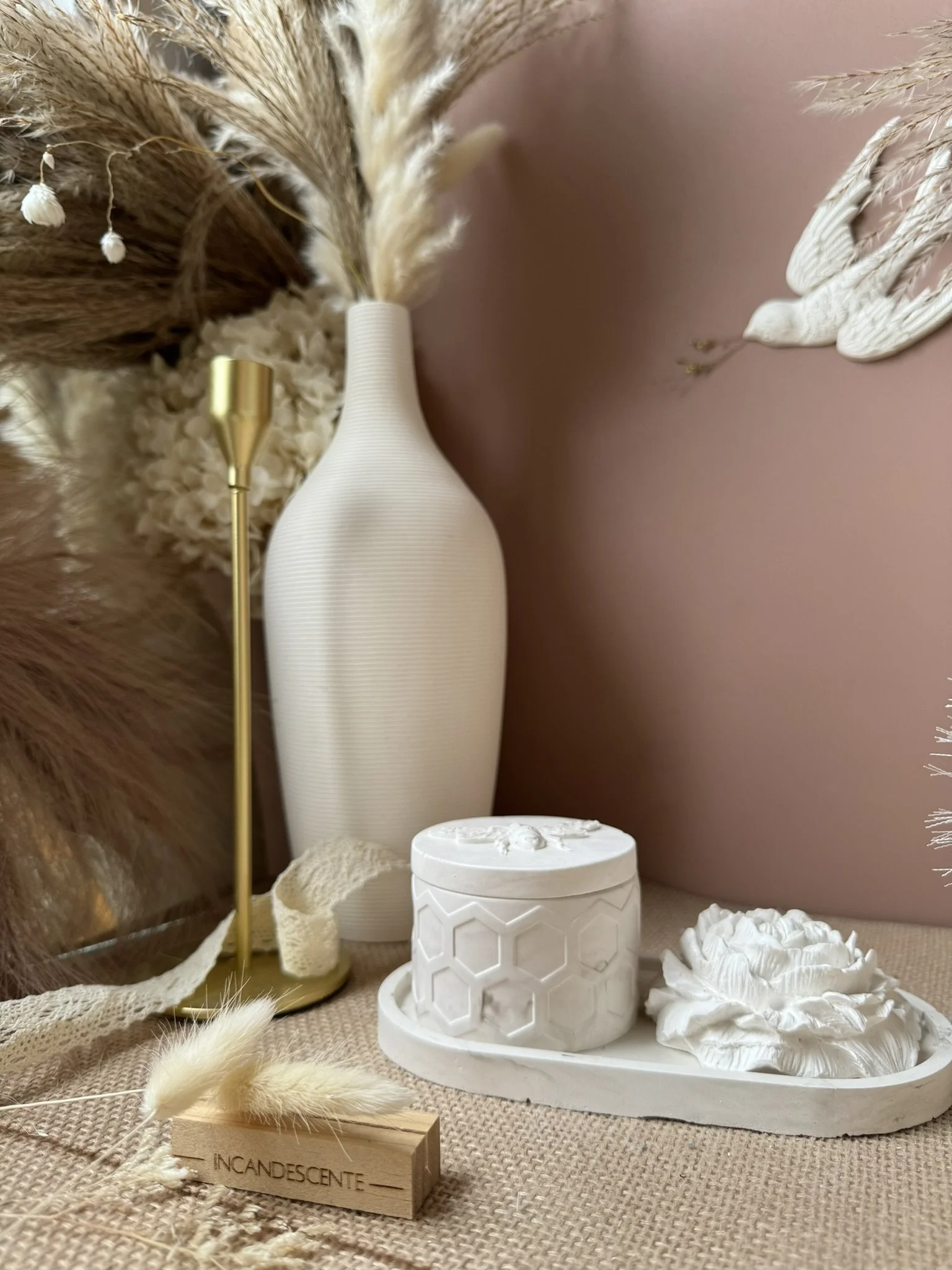 Ensemble plateau ovale avec son pot et sa pivoine en plâtre