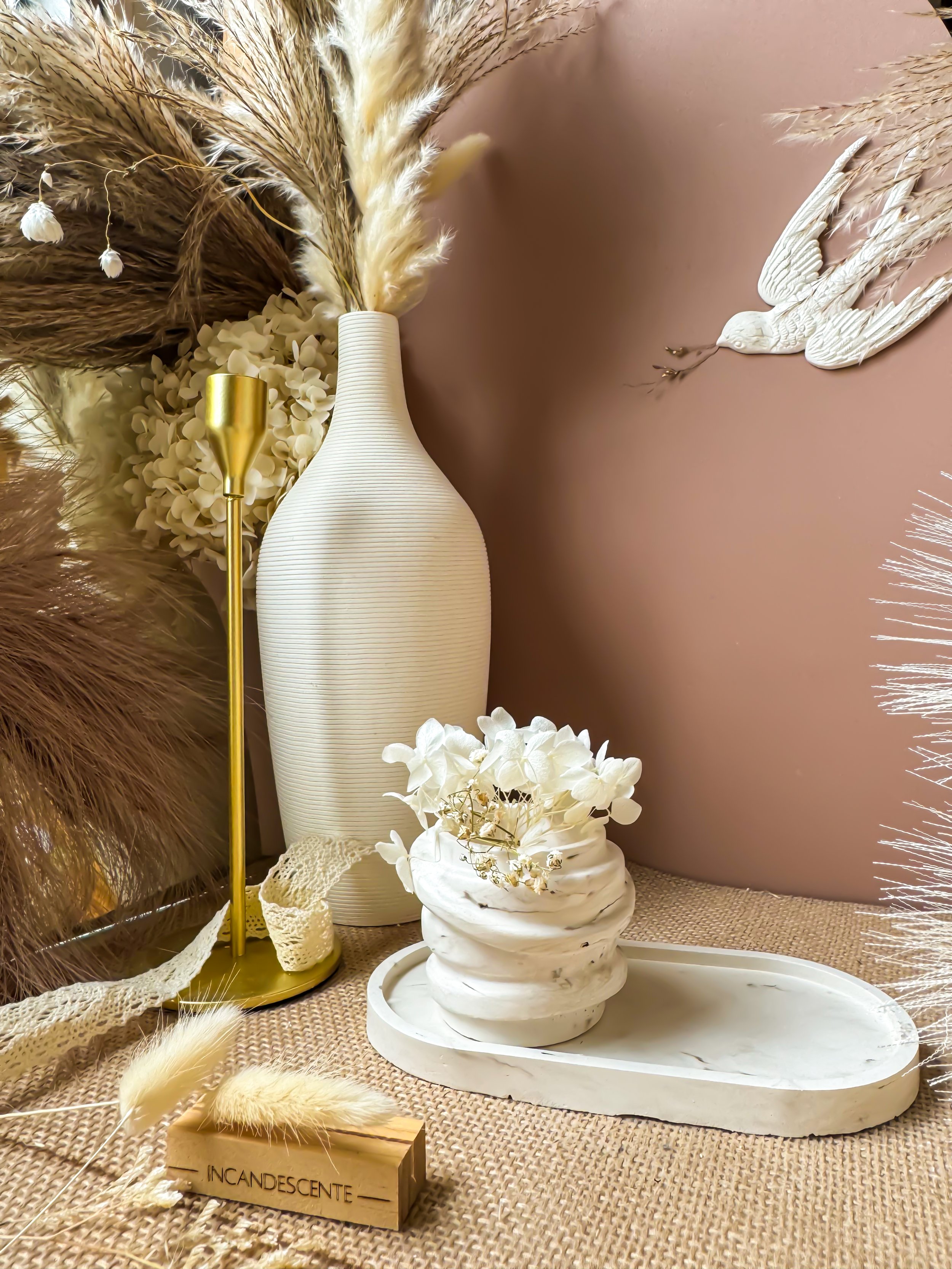Ensemble plateau et son pot torsade bougie ou fleurs séchées en plâtre