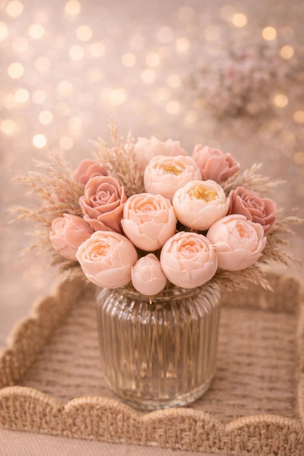 Bouquet romantique avec des fleurs de cire, des fleurs préservées