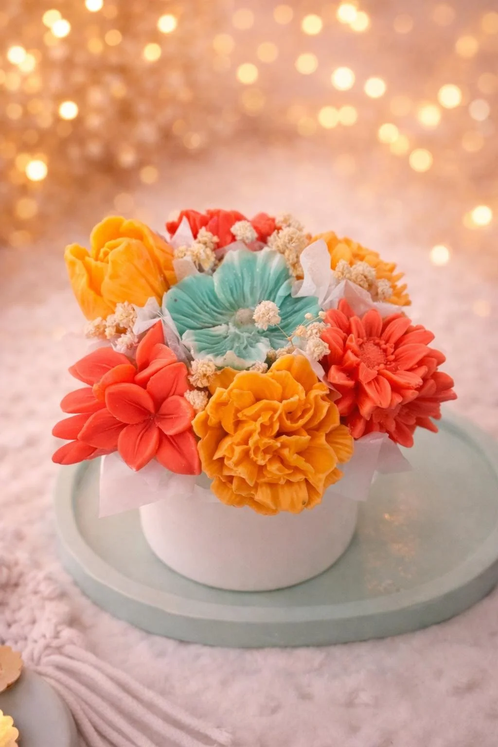 Bouquet de fleurs de cire et son pot de gypse marbré minérale