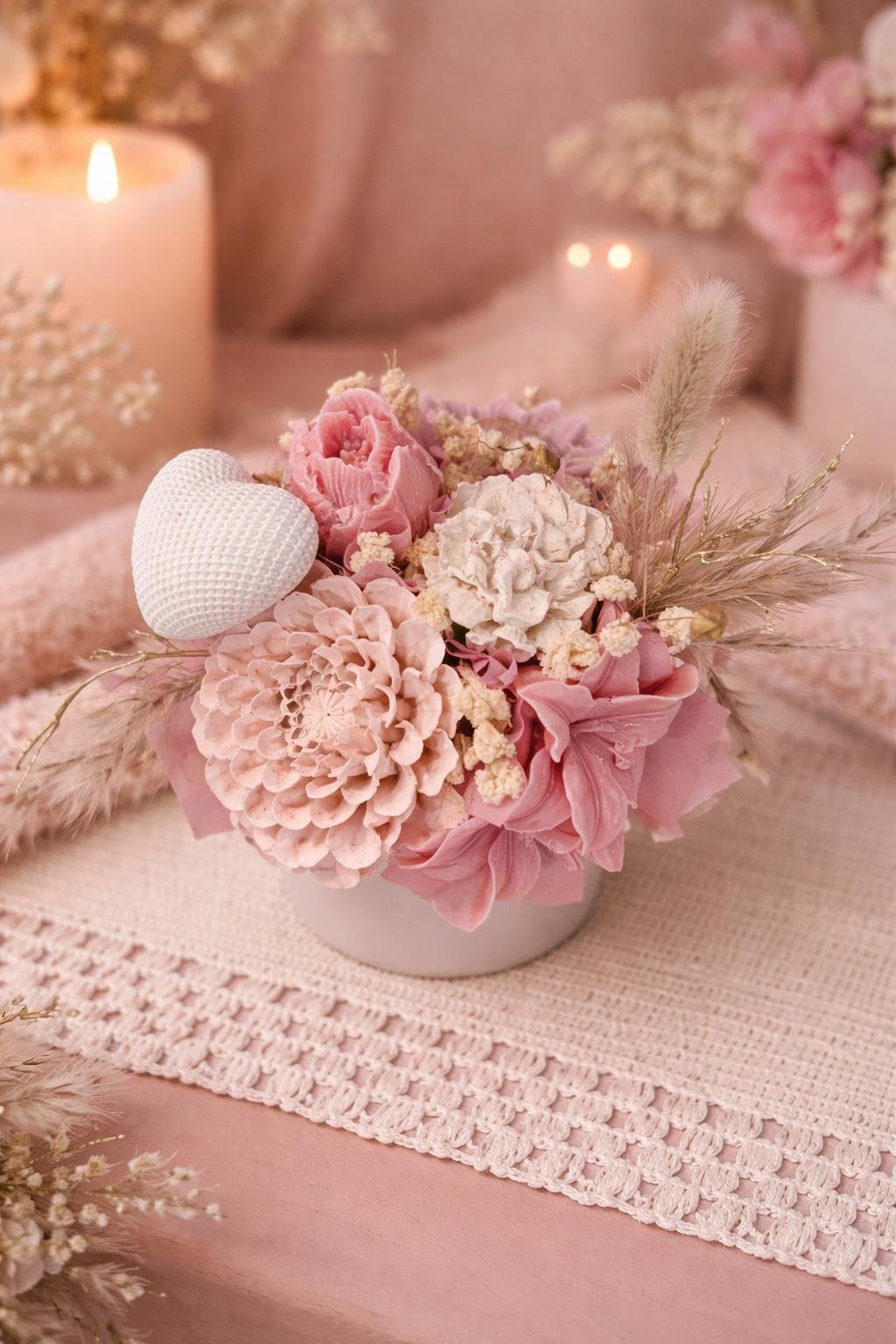 Bouquet romantique avec des fleurs de cire, des fleurs préservées