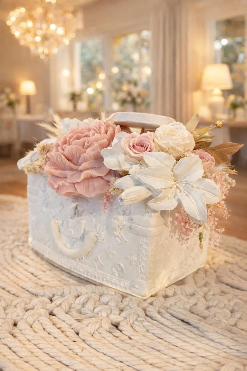 Bouquet romantique avec des fleurs de cire, des fleurs préservées dans sa valise de luxe LV