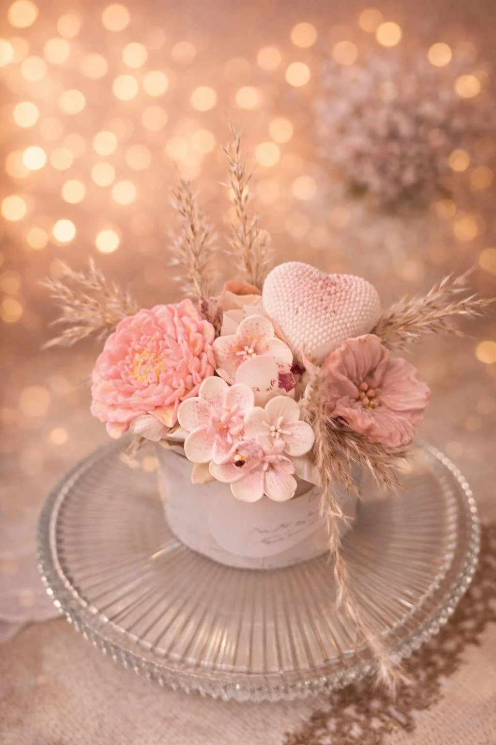 Bouquet de fleurs de cire et son pot de gypse marbré minérale