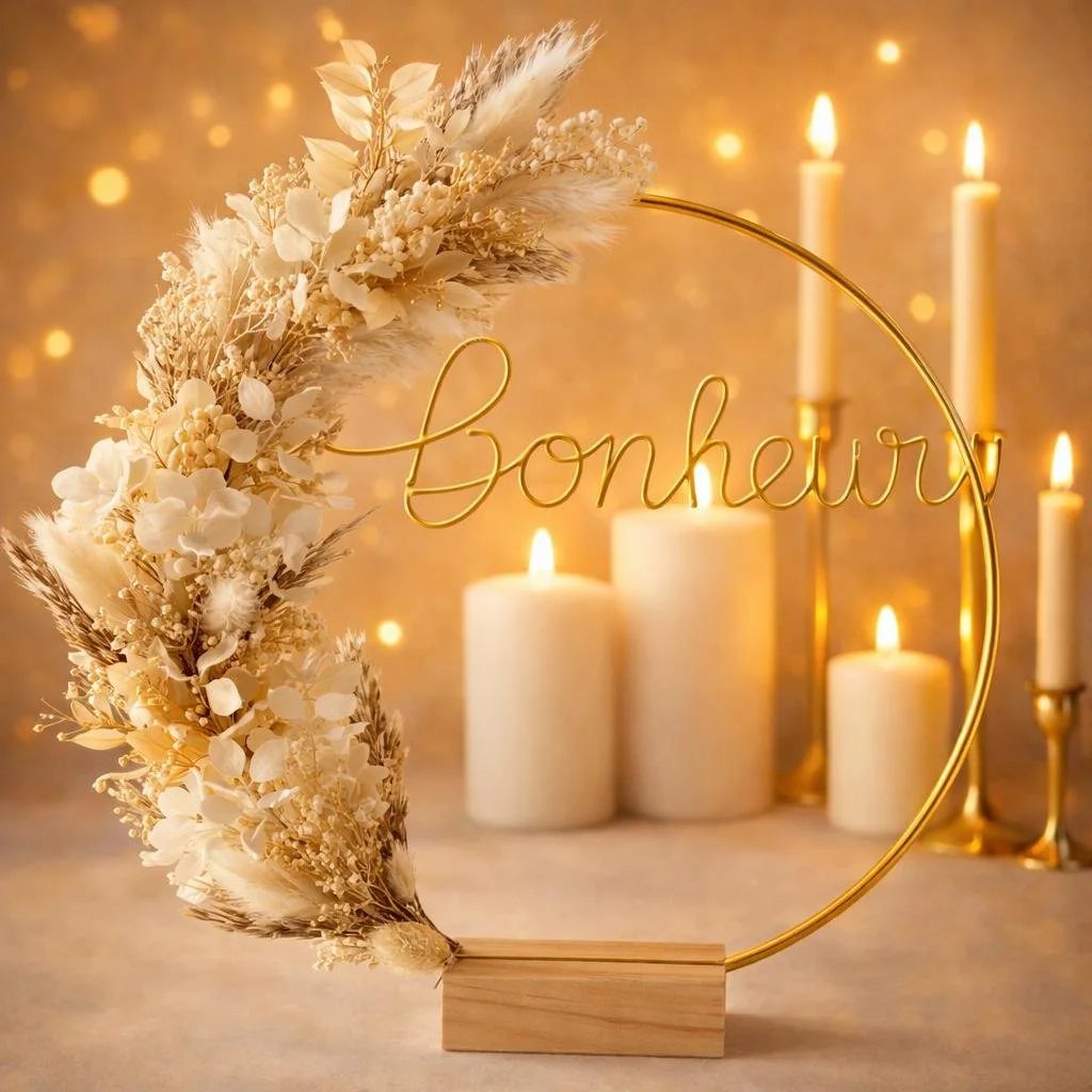 Suspension cercle avec des fleurs de cire et ses fleurs préservées