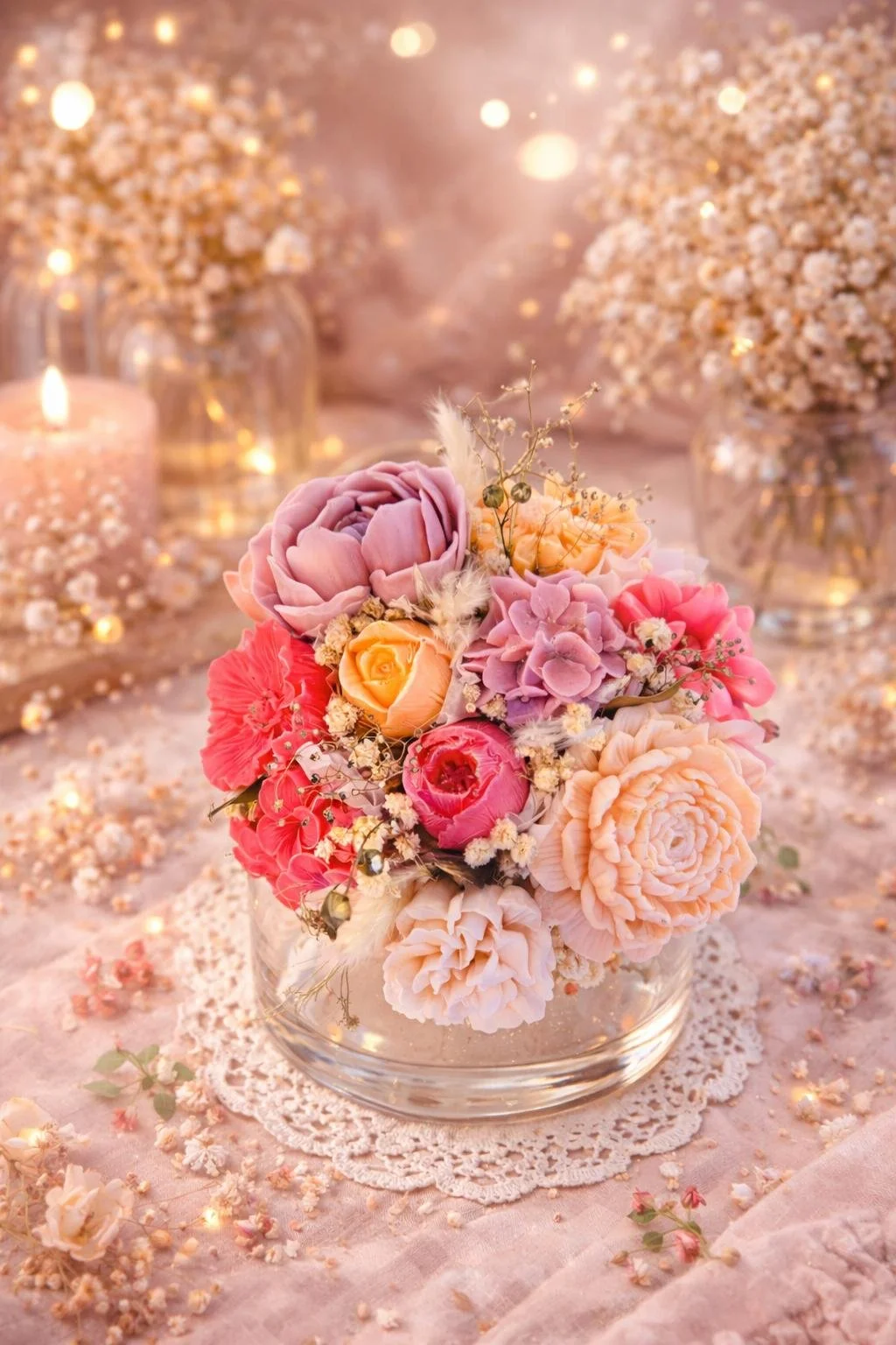 Bouquet romantique avec des fleurs de cire et ses fleurs préservées