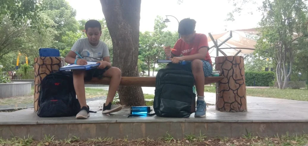 Two boys sitting on a bench outdoors, doing homework with backpacks beside them, under a large tree.