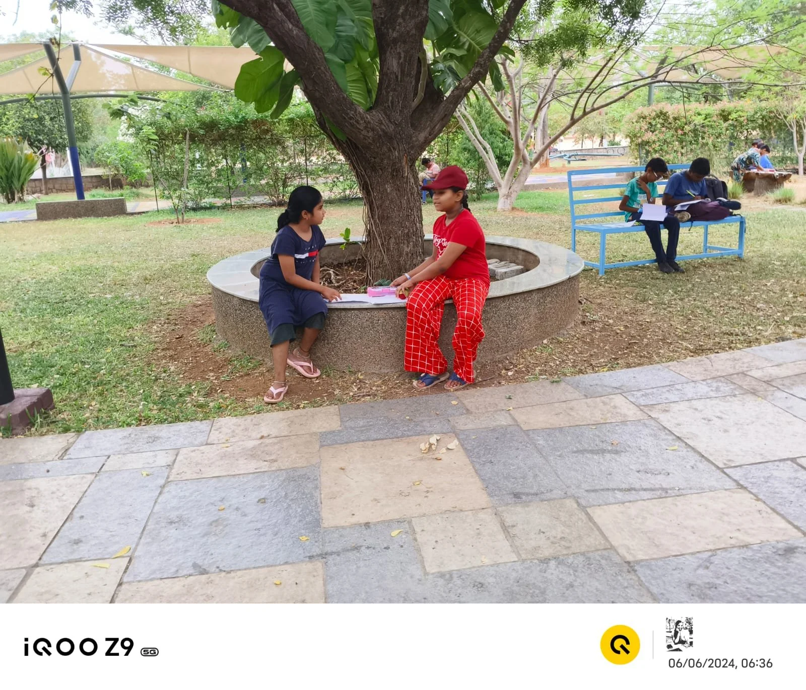 Two girls sitting by a tree and talking, with other children sitting on a blue bench in the background. The setting is a park with grass, trees, and a paved area.