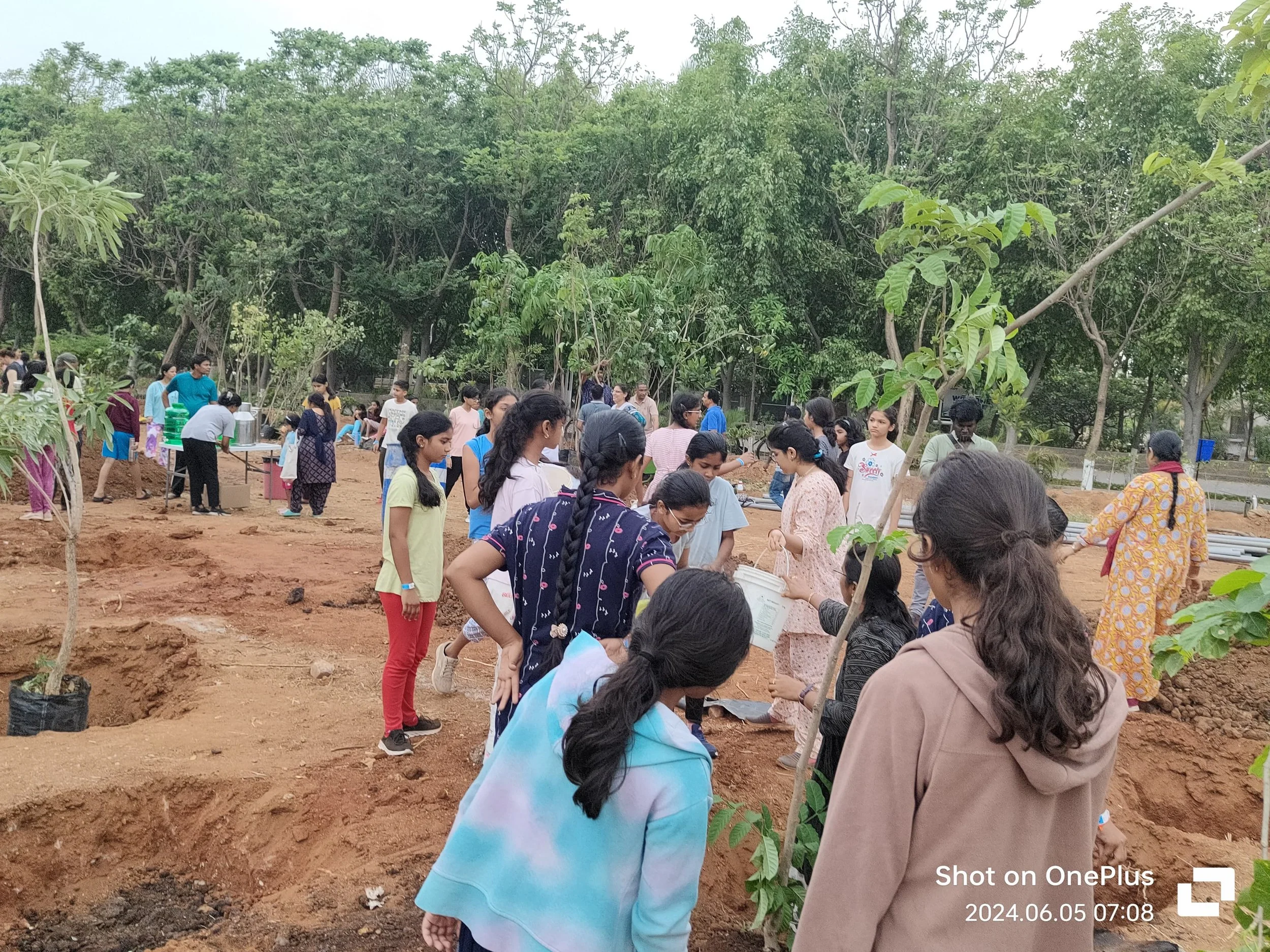 A group of people participating in a tree planting event in a park with green trees in the background.