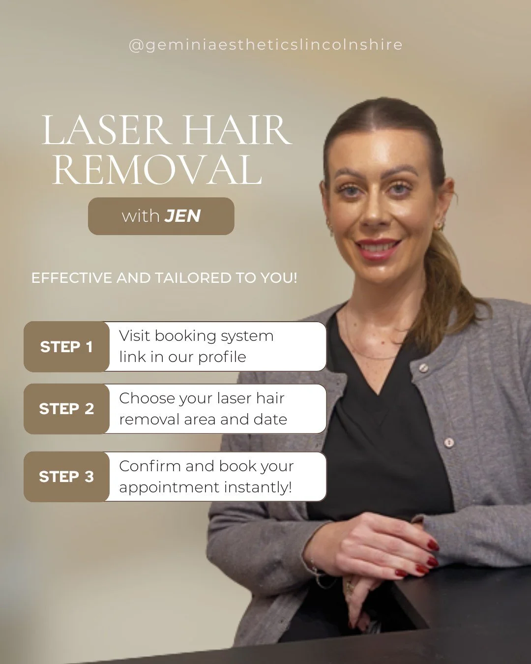 Did you know that Jen is now offering laser hair removal at Gemini Aesthetics, meaning we have more dates and time slots available for your appointments? 

You can check all the availability with Jen using the booking system link in my profile!