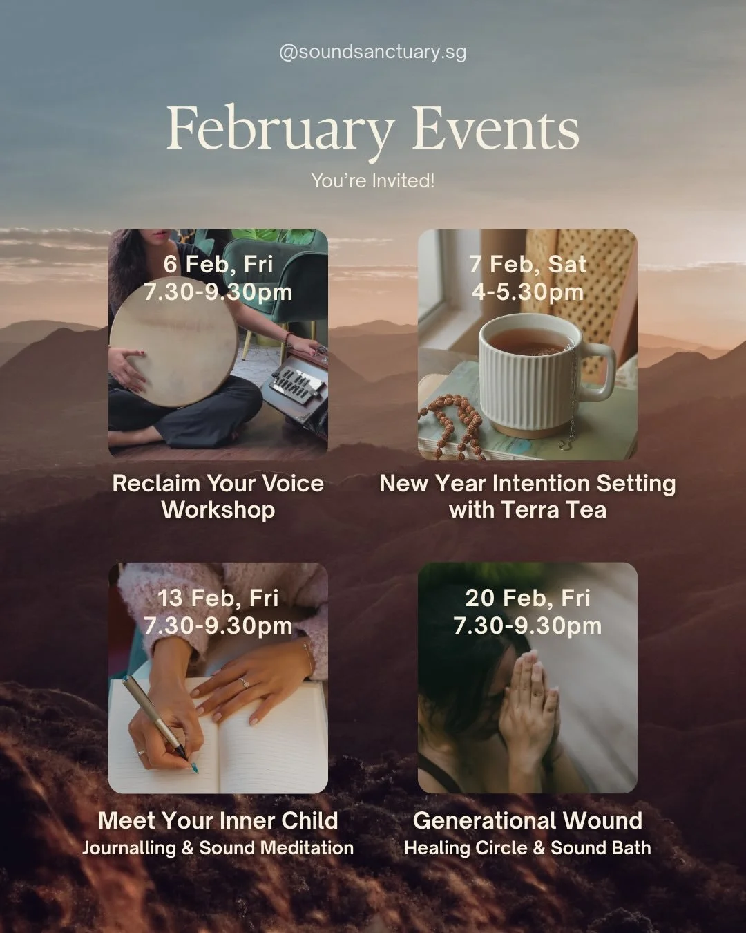 ✨ February Events at Sound Sanctuary ✨
As we welcome the year of the Fire Horse, signifying courage &amp; transformation, join us for a month of soulful offerings, curated to support your healing journey with release, reconnection, &amp; clarity:
🎶 