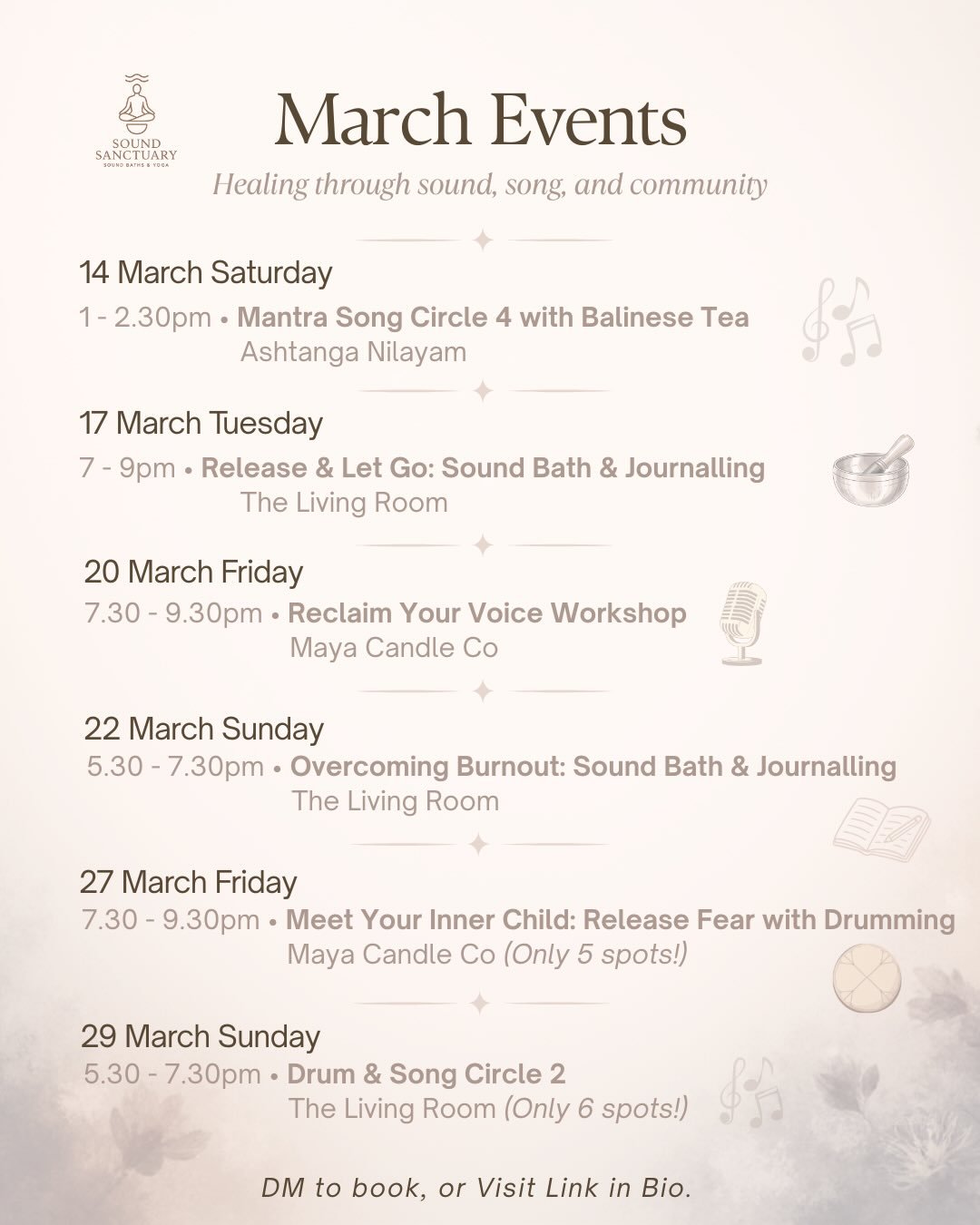 Join us in March to heal with sound, song, and community. DM or link in bio to sign up! 🌿