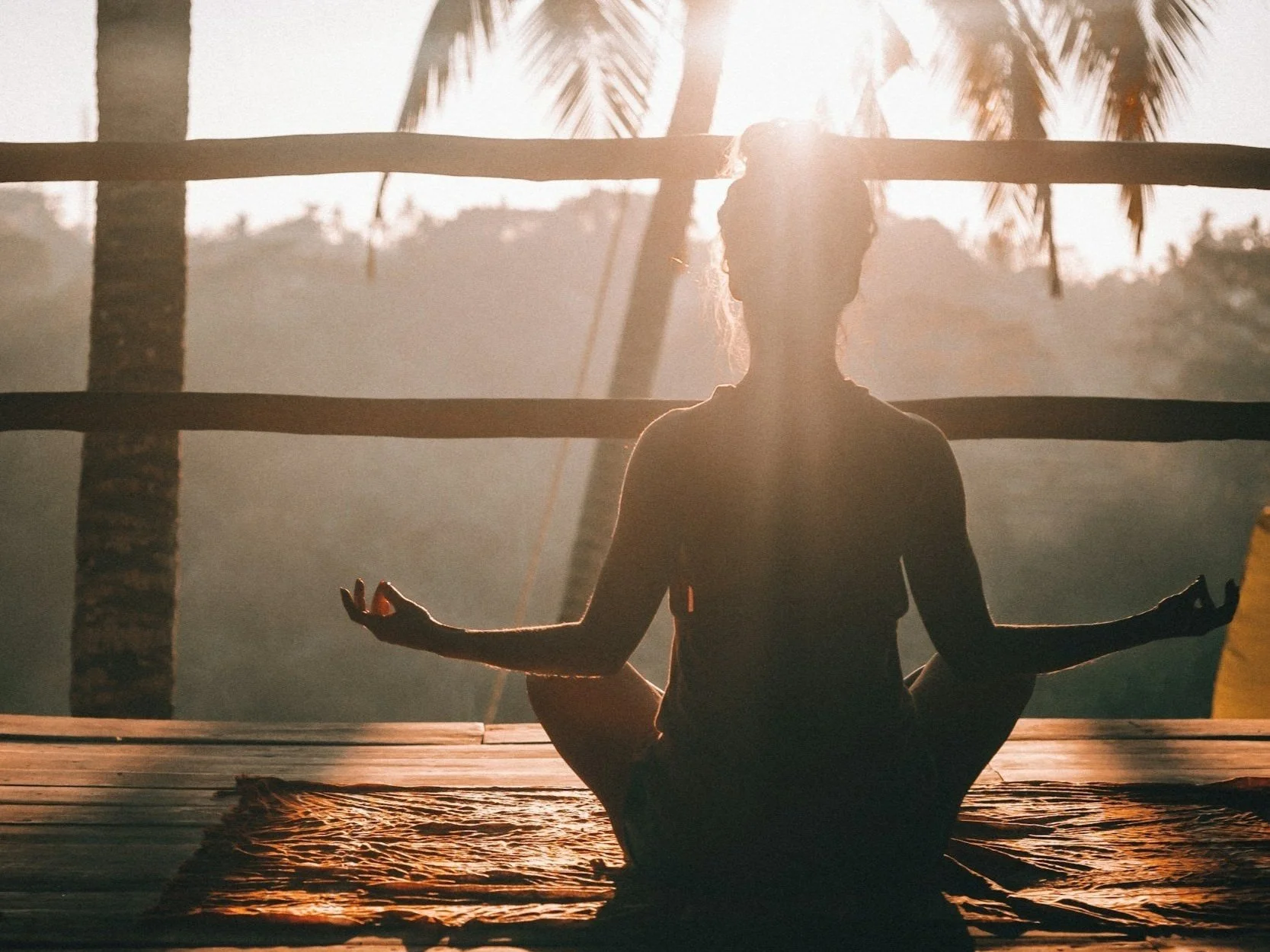 Silhouette of a person meditating on a wooden deck with sunlight filtering through palm trees.