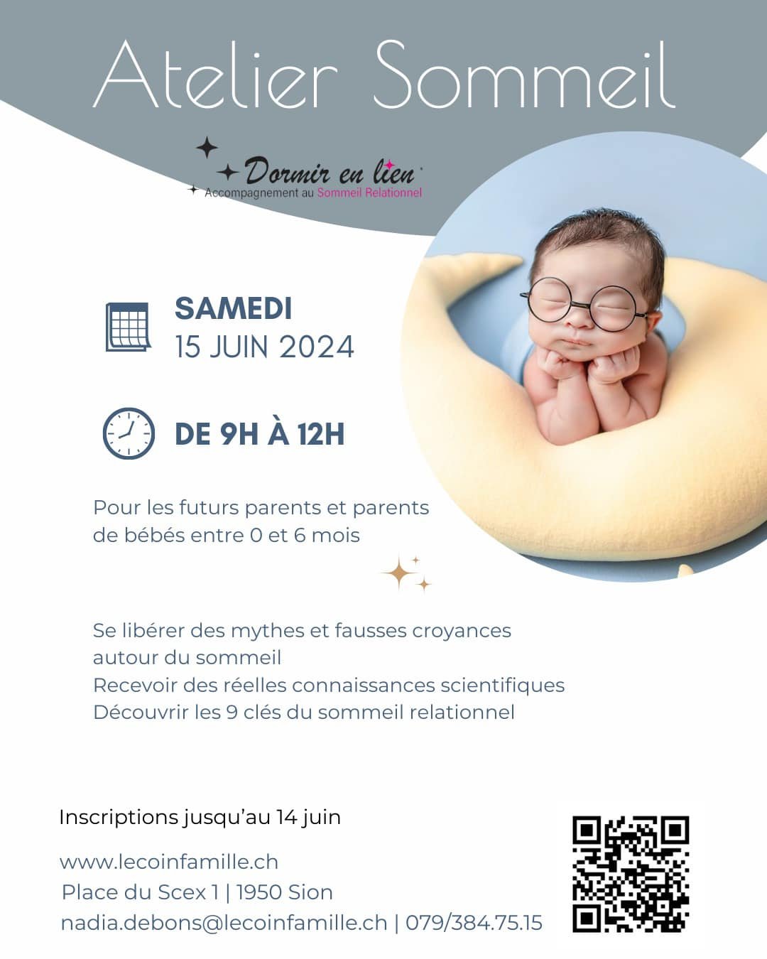 Il reste des places pour le prochain Atelier Sommeil Dormir en Lien !

Si tu es un futur parent ou un parent de b&eacute;b&eacute; entre 0 et 6 mois, c&rsquo;est l&rsquo;atelier qu&rsquo;il te faut pour recevoir des cl&eacute;s pour un sommeil paisib