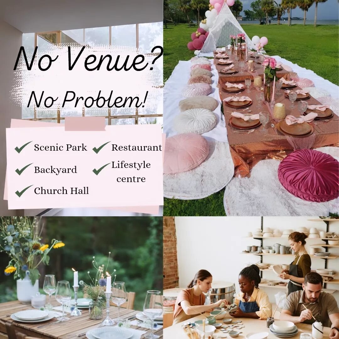 &quot;What if I don't have a venue?&quot;

No problem!

We can setup the pottery painting in your home, or you can go boho and do a picnic style setup in your backyard or in a park near you 🌿 

You can also use church/school halls or a lifestyle cen