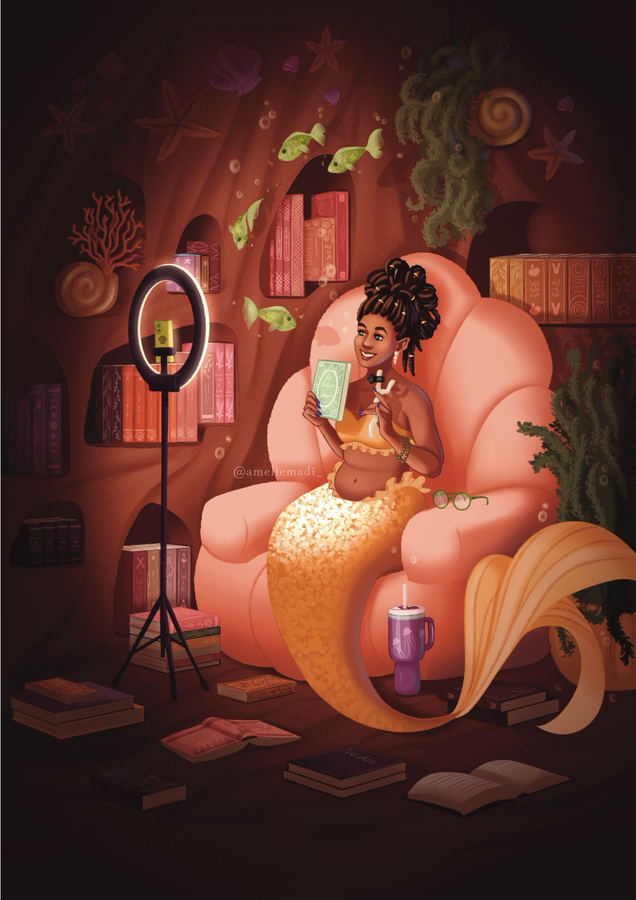 A mermaid filming a book review in her underwater cave