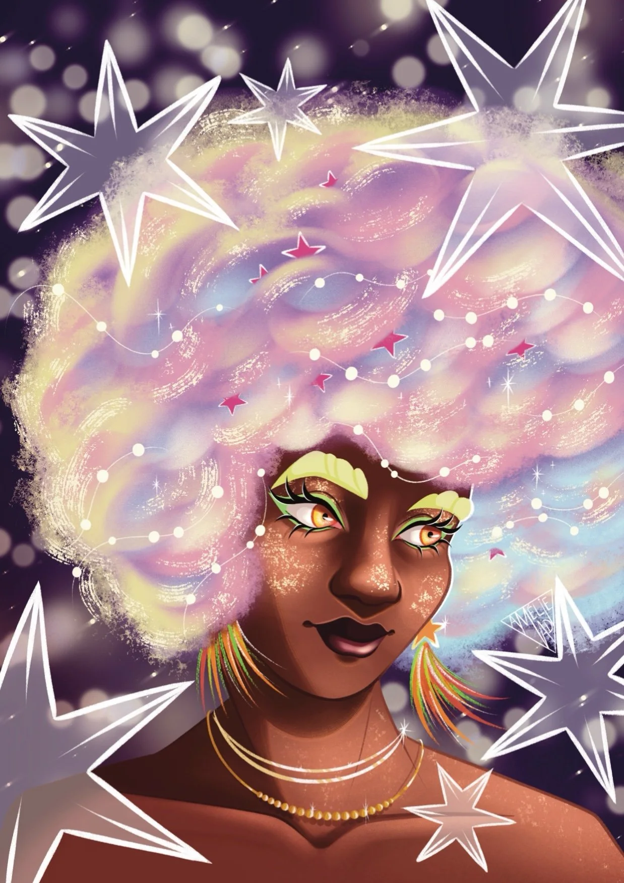 Portrait d'une jeune femme noire aux cheveux pastels, elle a un afro stylisé et vaporeux.