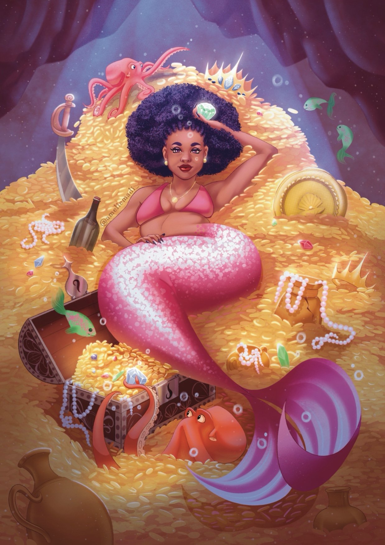 A mermaid lying on a pile of gold.