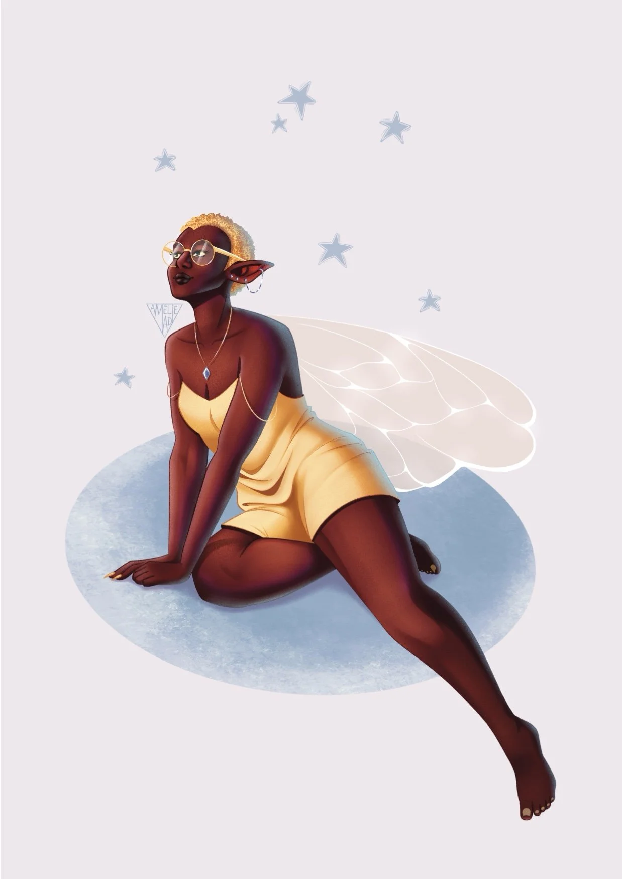 A fairy stargazing, she has dark skin, short hair, a short dress and glasses.