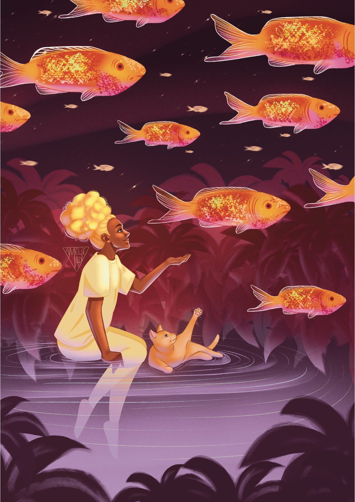 Illustration onirique d'une jeune fille et son chat assis sur l'eau regardant une procession de poissons dans le ciel