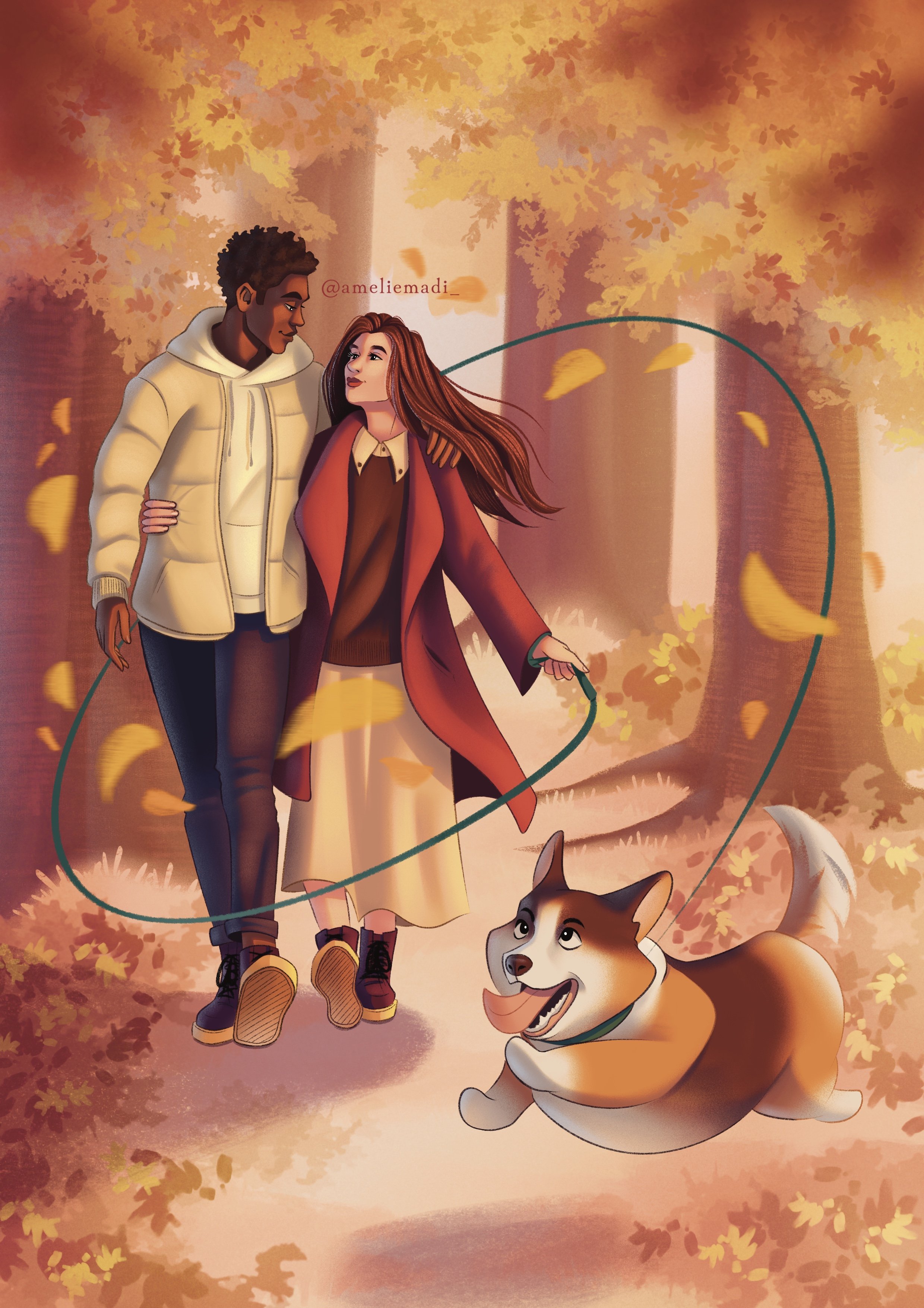 Un couple se promène dans une forêt aux couleurs de l'automne avec leur petit corgi.