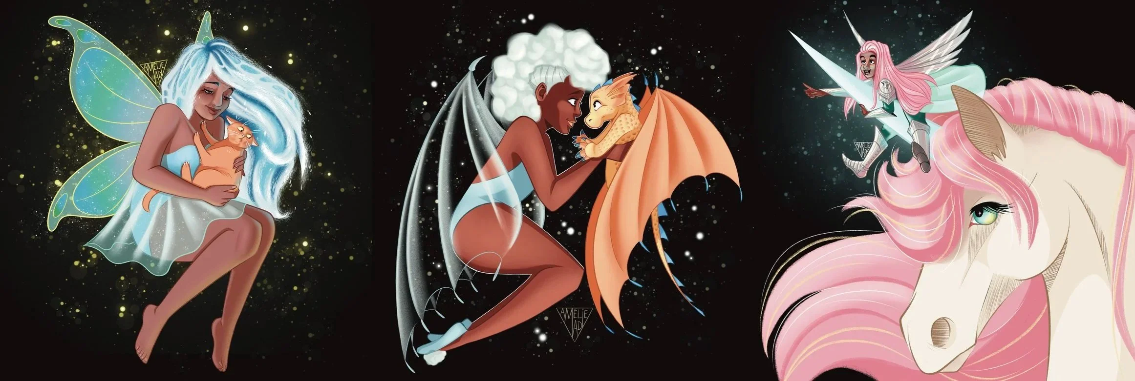 A lineup of 3 fairies. A water fairy with her cat companion. An air fairy with her dragon companion. A metal fairy with her unicorn companion.