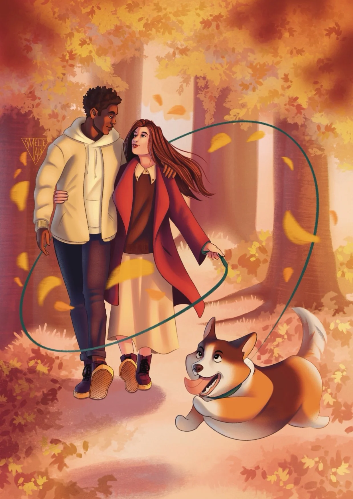 Un couple se promène dans une forêt aux couleurs de l'automne avec leur corgi.