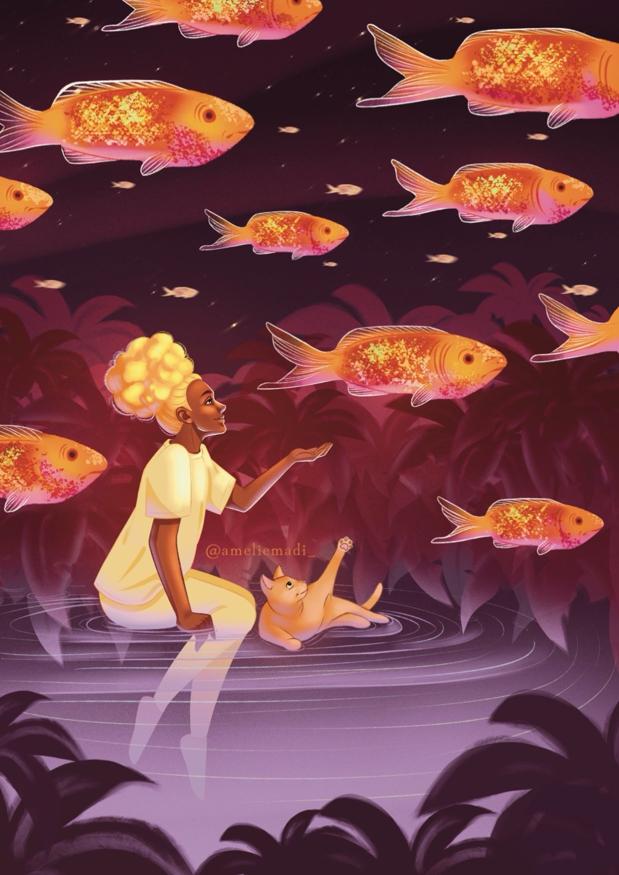 Scène onirique où une jeune fille et son chat regardent passer un banc de poissons aux reflets dorés dans le ciel.