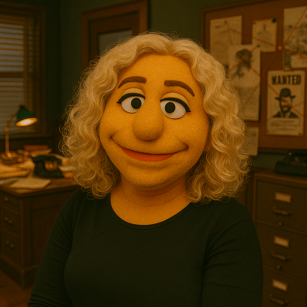 Person wearing a large puppet mask with curly gray hair, expressive eyes, and a friendly smile, in an office setting with a desk, lamp, and bulletin board in the background.